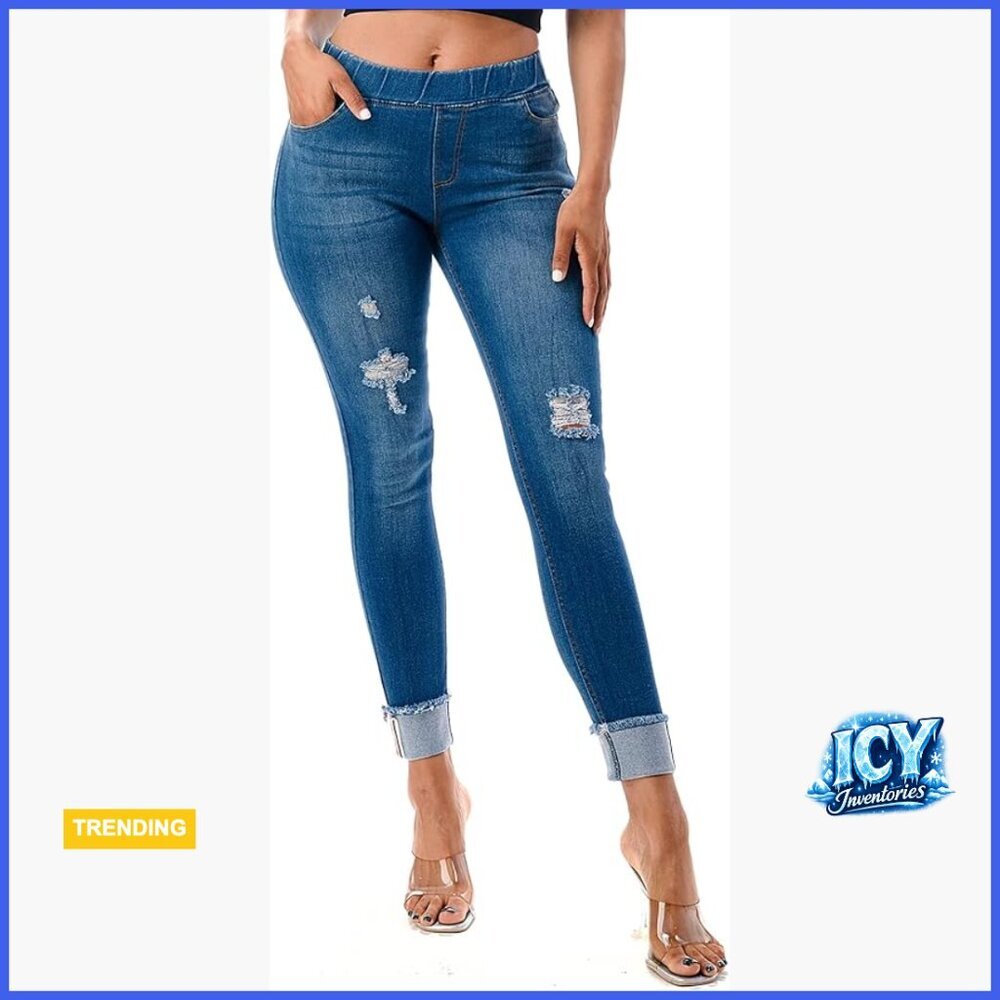 Stretch Pull-On Jeans Skinny Ripped Distressed Denim Jeggings